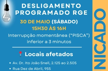 RGE programa desligamentos em Imigrante nos dias 30 e 31 de maio e 1º de junho