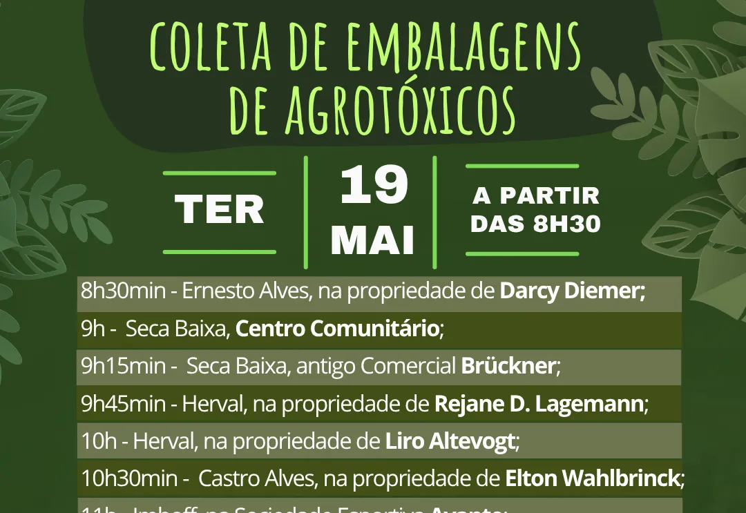 Coleta de embalagens de agrotóxicos acontece na terça-feira, 19 de maio, em Imigrante