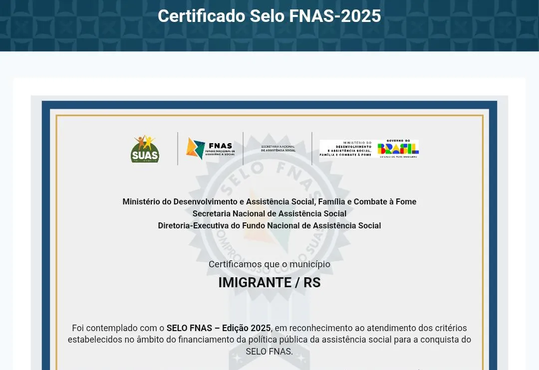 Imigrante conquista o Selo FNAS 2025 e se destaca na gestão da Assistência Social