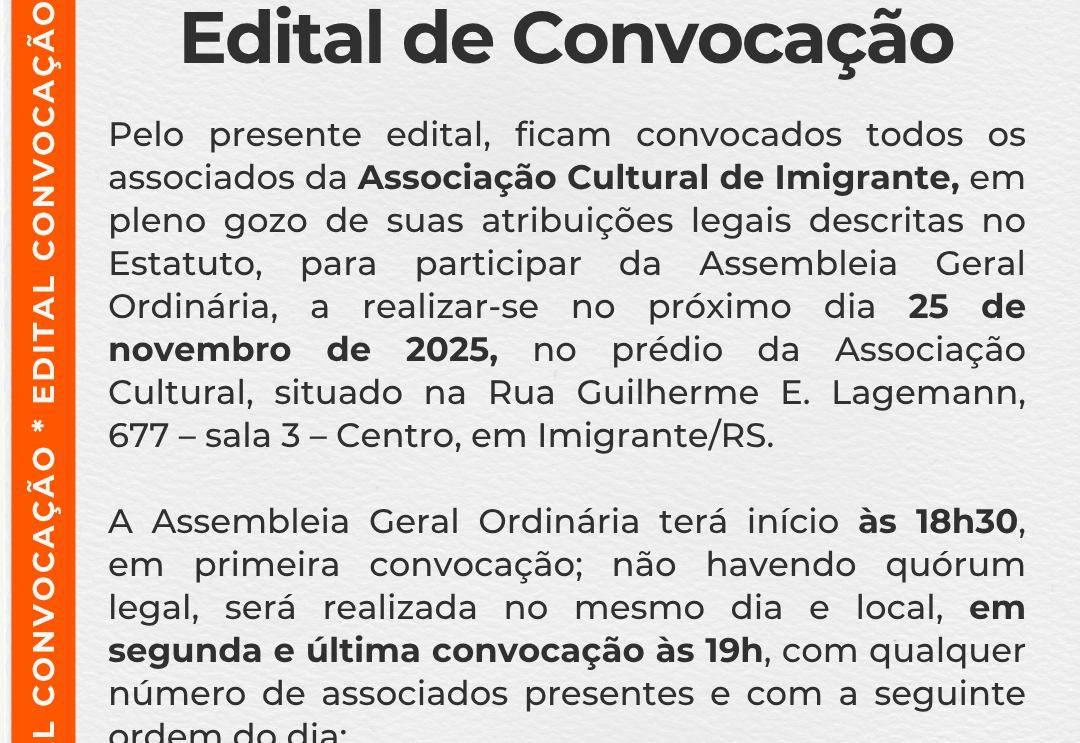 Associação Cultural de Imigrante convoca para Assembleia Geral Ordinária
